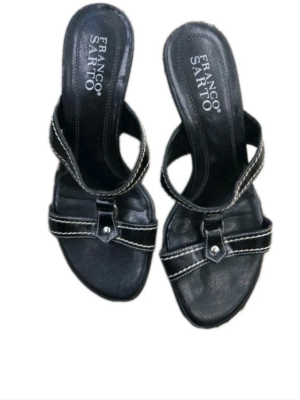 Franco Sarto Black Leather Sandals 7M 3 Inch Heel Made In Brazil